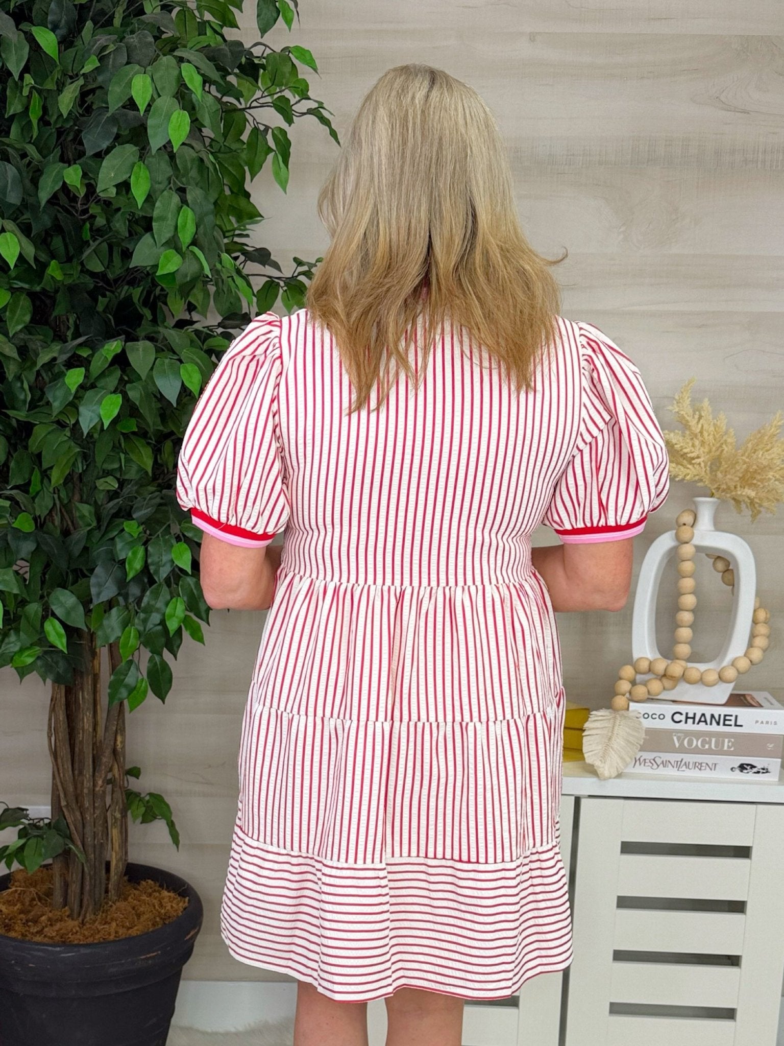Cherry Picked Stripe Puff Sleeve Mini Dress - Jessi Jayne Boutique