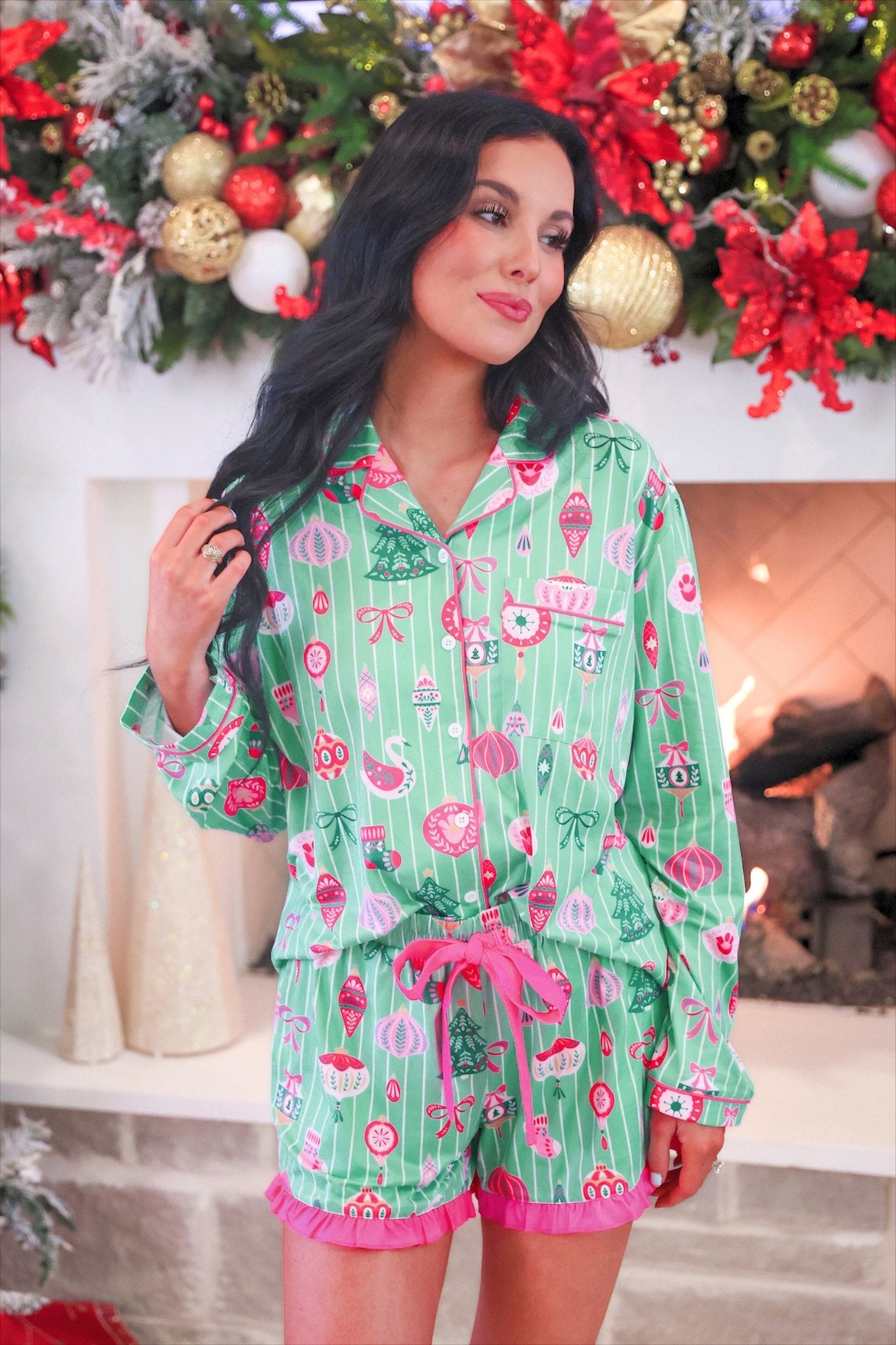 PREORDER- Decked in Ornaments Ruffle Pajama Set - Jessi Jayne Boutique