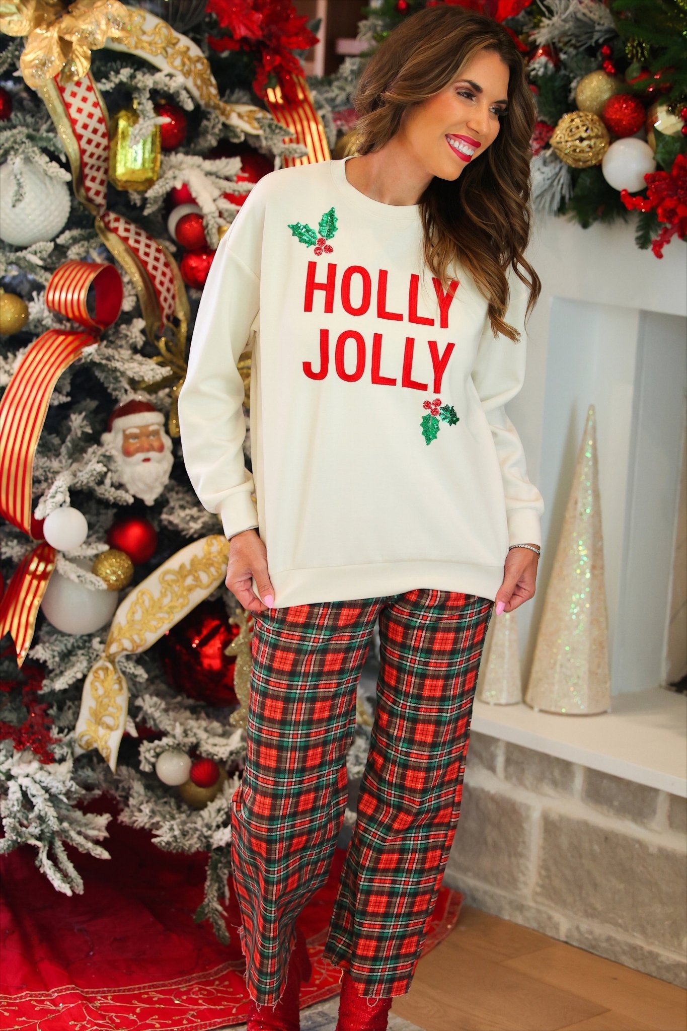 PREORDER- Just Vibing Denim Pants- Red Christmas Plaid - Jessi Jayne Boutique