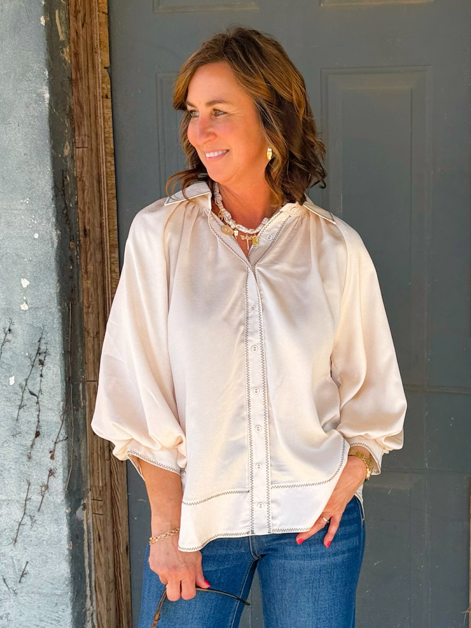 Champagne Satin Balloon Sleeve Blouse - Jessi Jayne Boutique