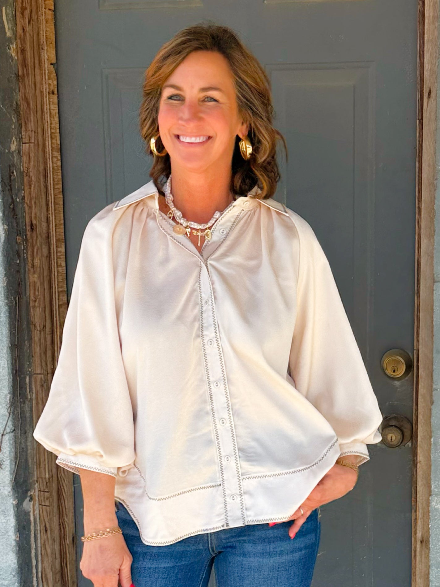 Champagne Satin Balloon Sleeve Blouse - Jessi Jayne Boutique