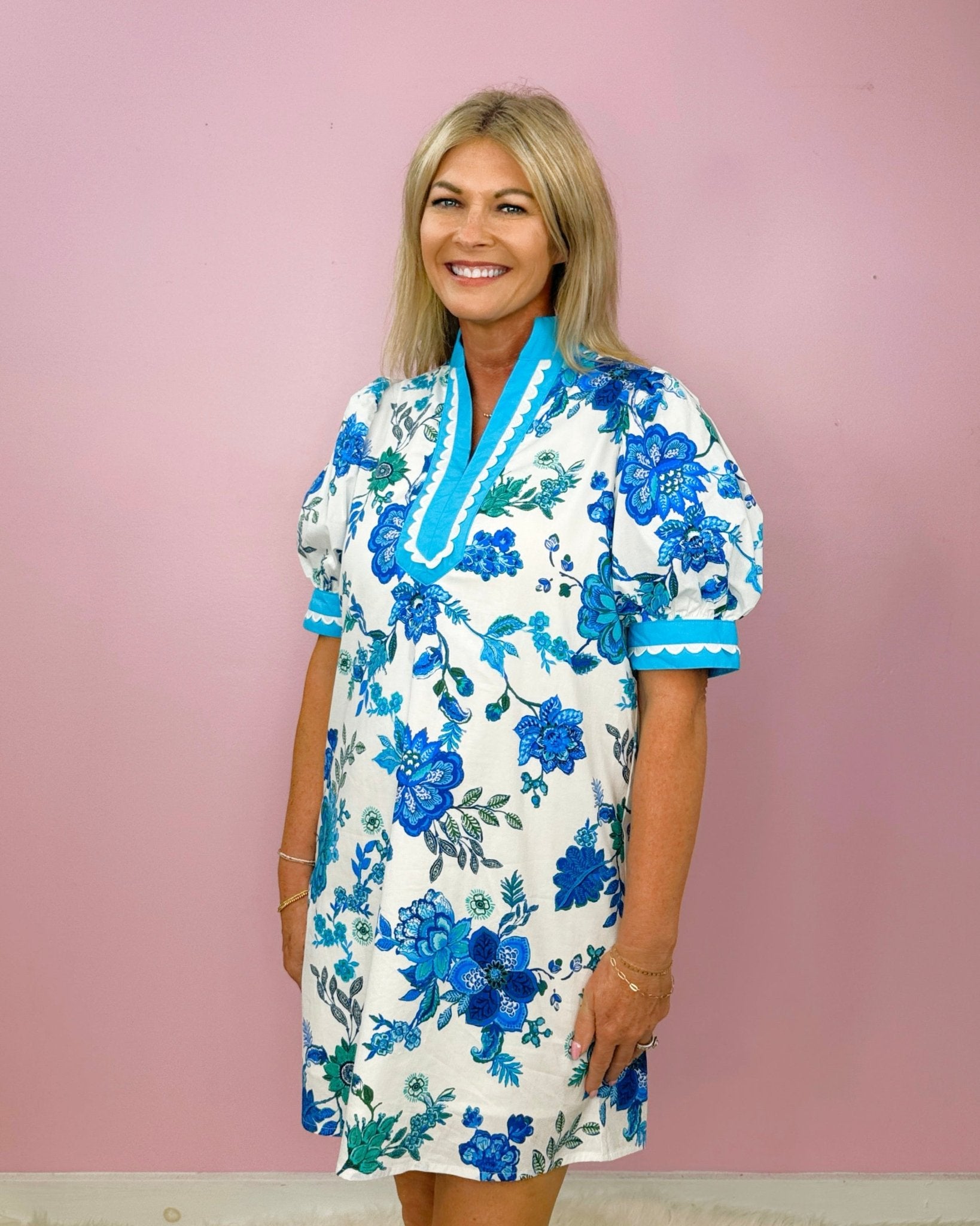 Blue Bloom and Scallop Trim Dress - Jessi Jayne Boutique