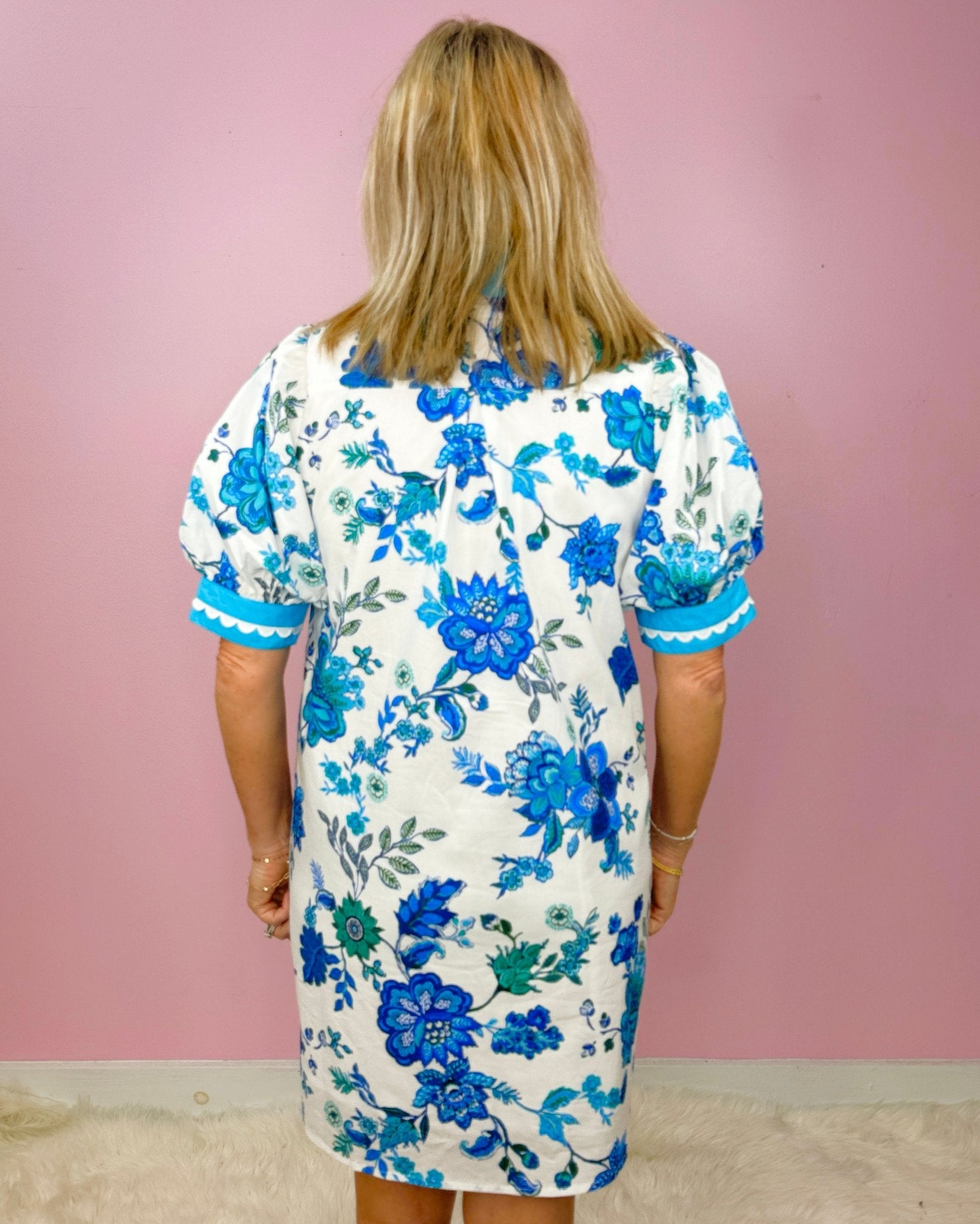 Blue Bloom and Scallop Trim Dress - Jessi Jayne Boutique