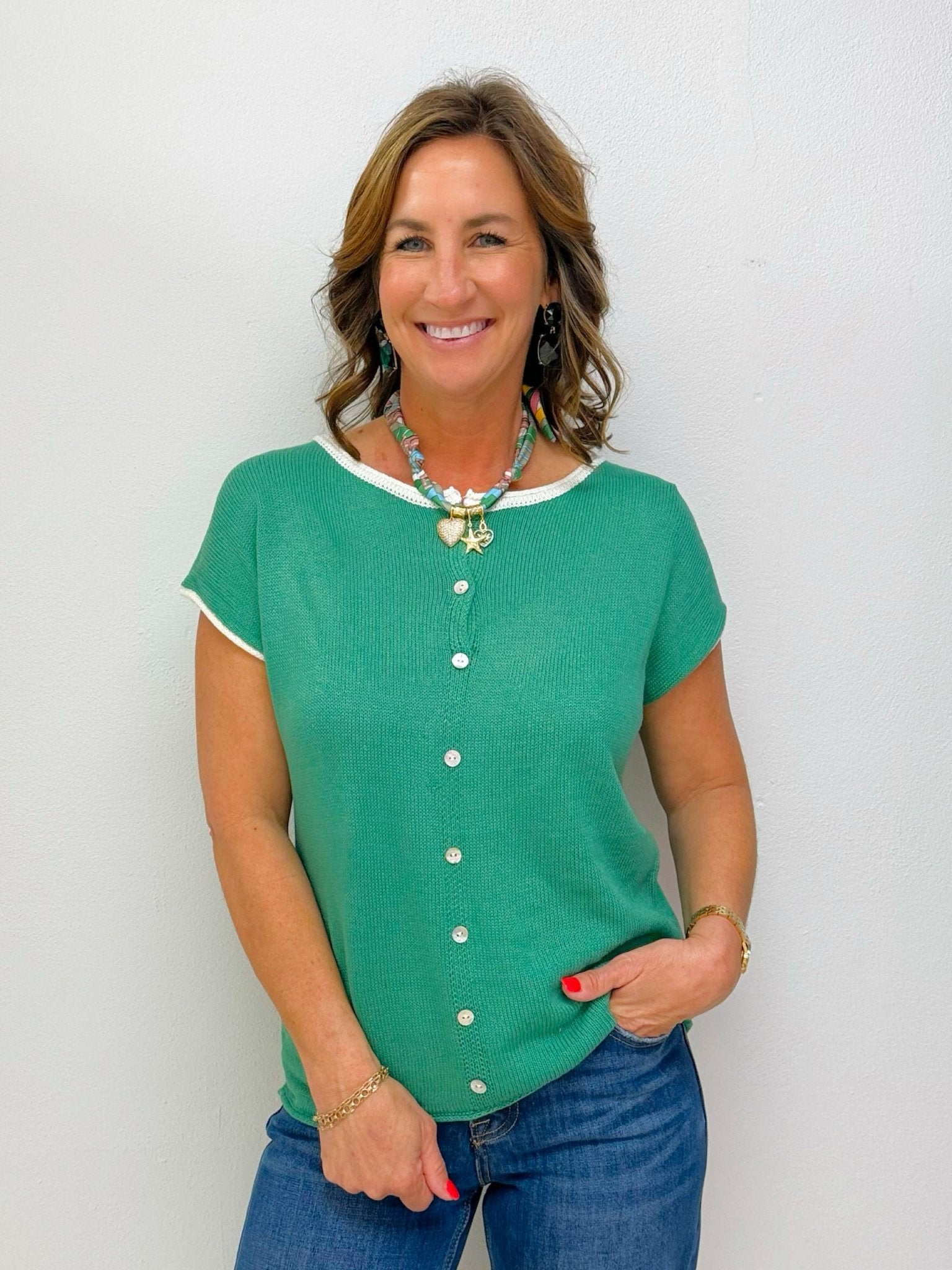 Evergreen Trim Button Top - Jessi Jayne Boutique