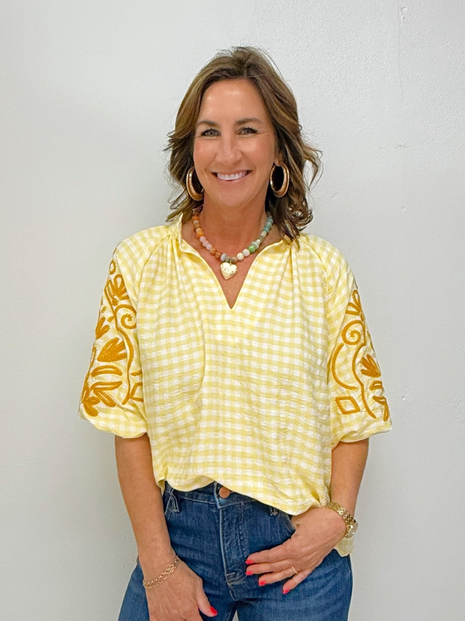Sunshine Gingham Embroidered Blouse - Jessi Jayne Boutique