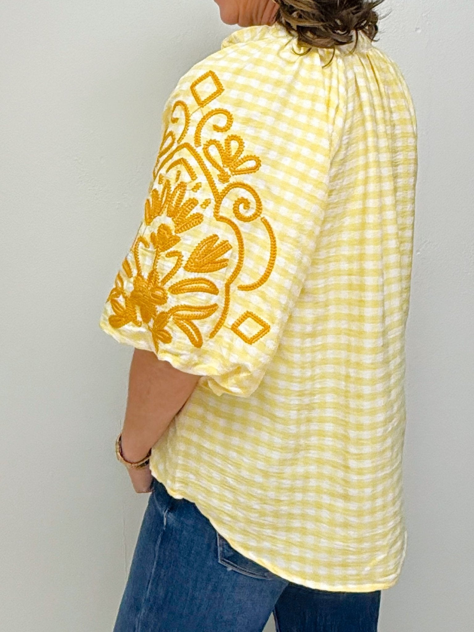 Sunshine Gingham Embroidered Blouse - Jessi Jayne Boutique
