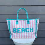 BEACH Pink Striped Pattern Summer Tote Bag - Jessi Jayne Boutique