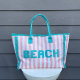 BEACH Pink Striped Pattern Summer Tote Bag - Jessi Jayne Boutique