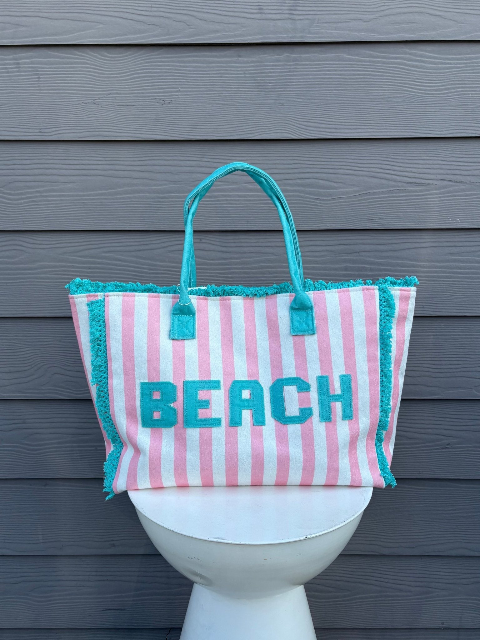 BEACH Pink Striped Pattern Summer Tote Bag - Jessi Jayne Boutique