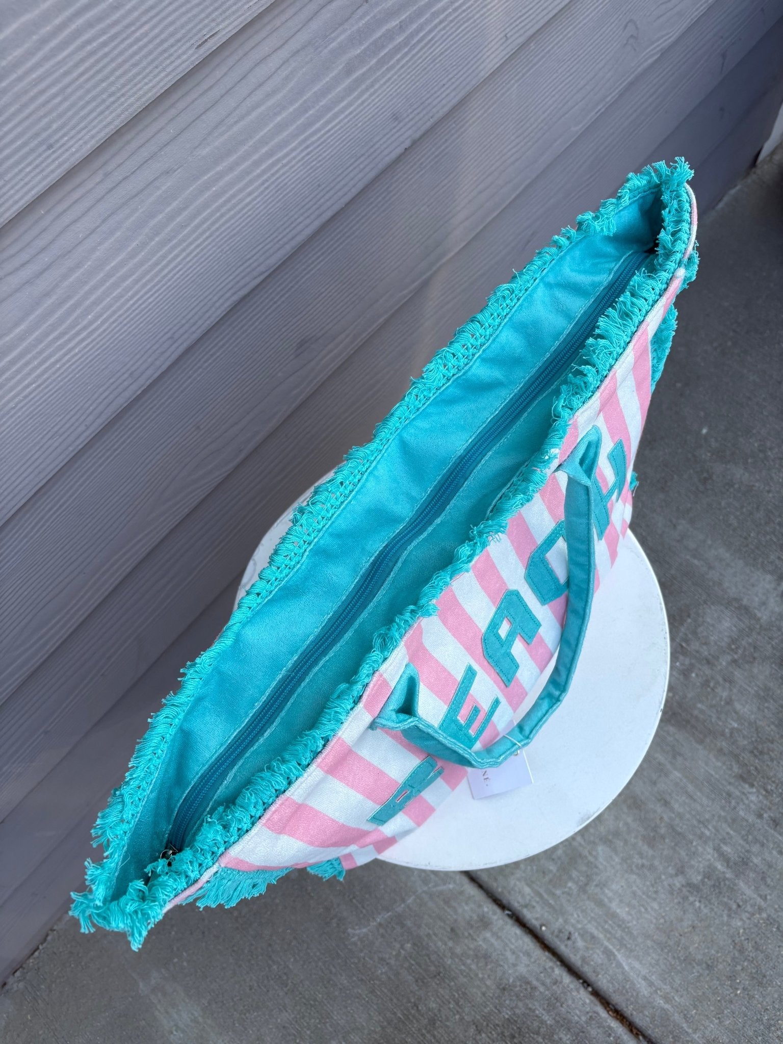 BEACH Pink Striped Pattern Summer Tote Bag - Jessi Jayne Boutique