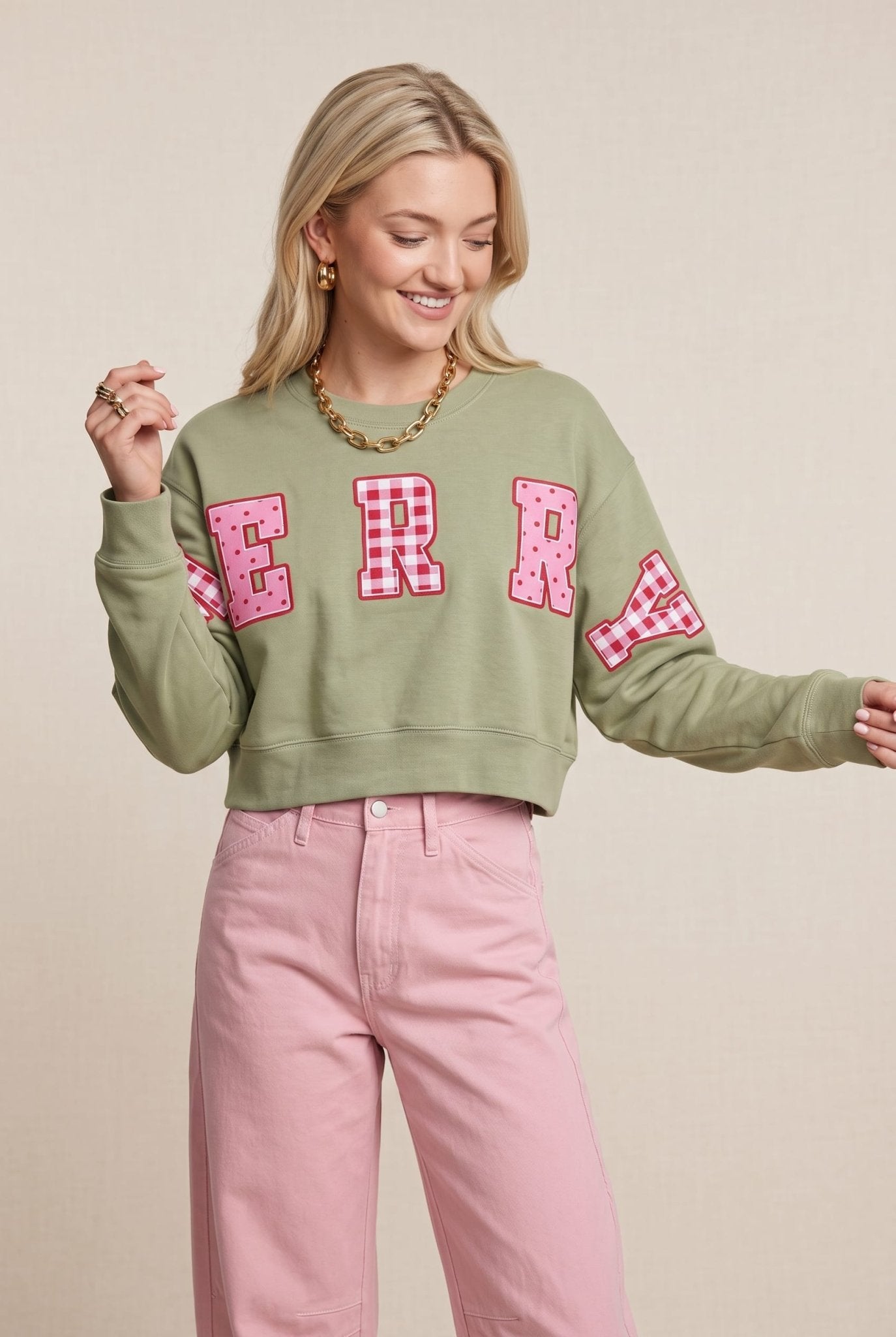 Merry Christmas Patch Pistachio Crop Sweatshirt - Jessi Jayne Boutique