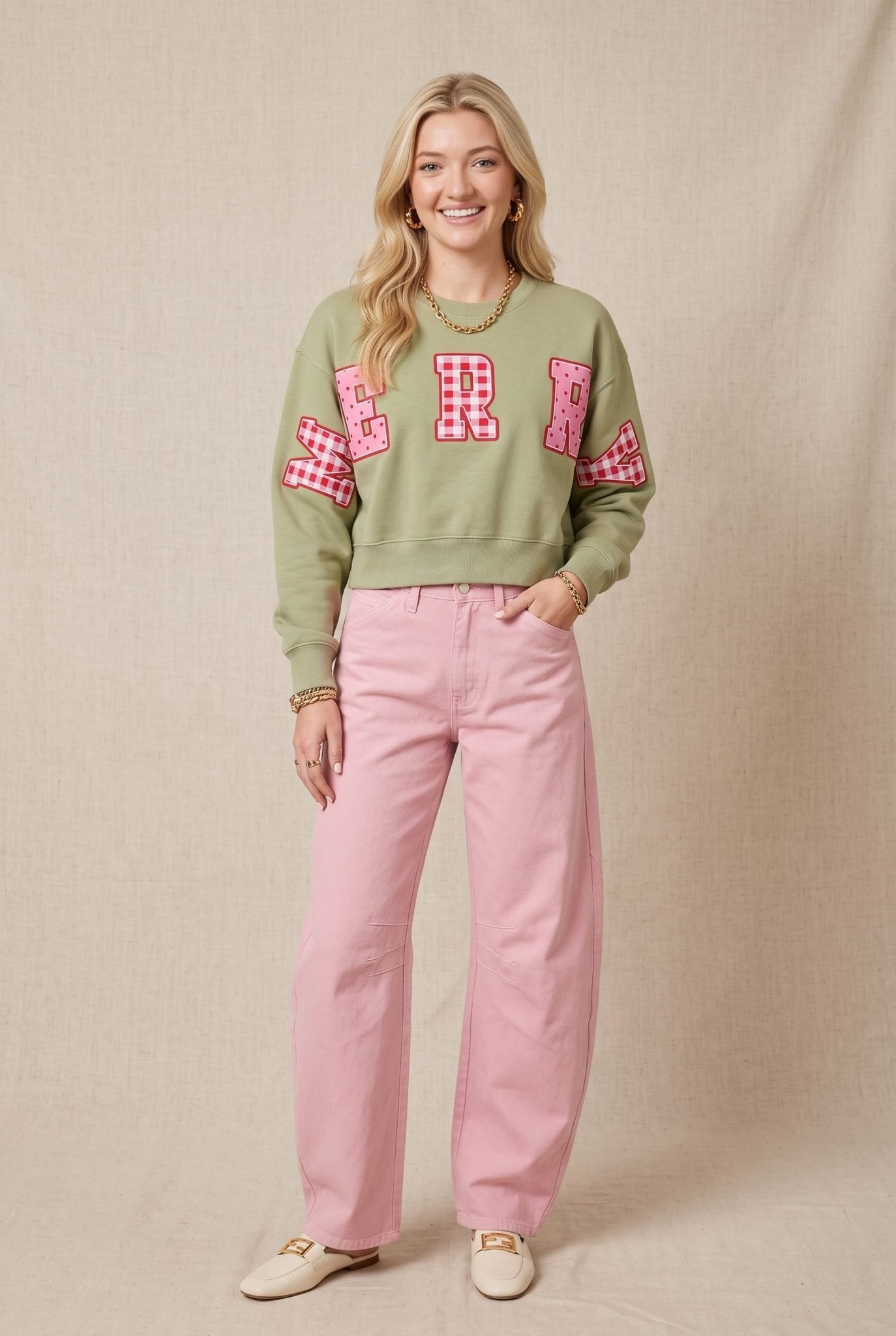 Merry Christmas Patch Pistachio Crop Sweatshirt - Jessi Jayne Boutique
