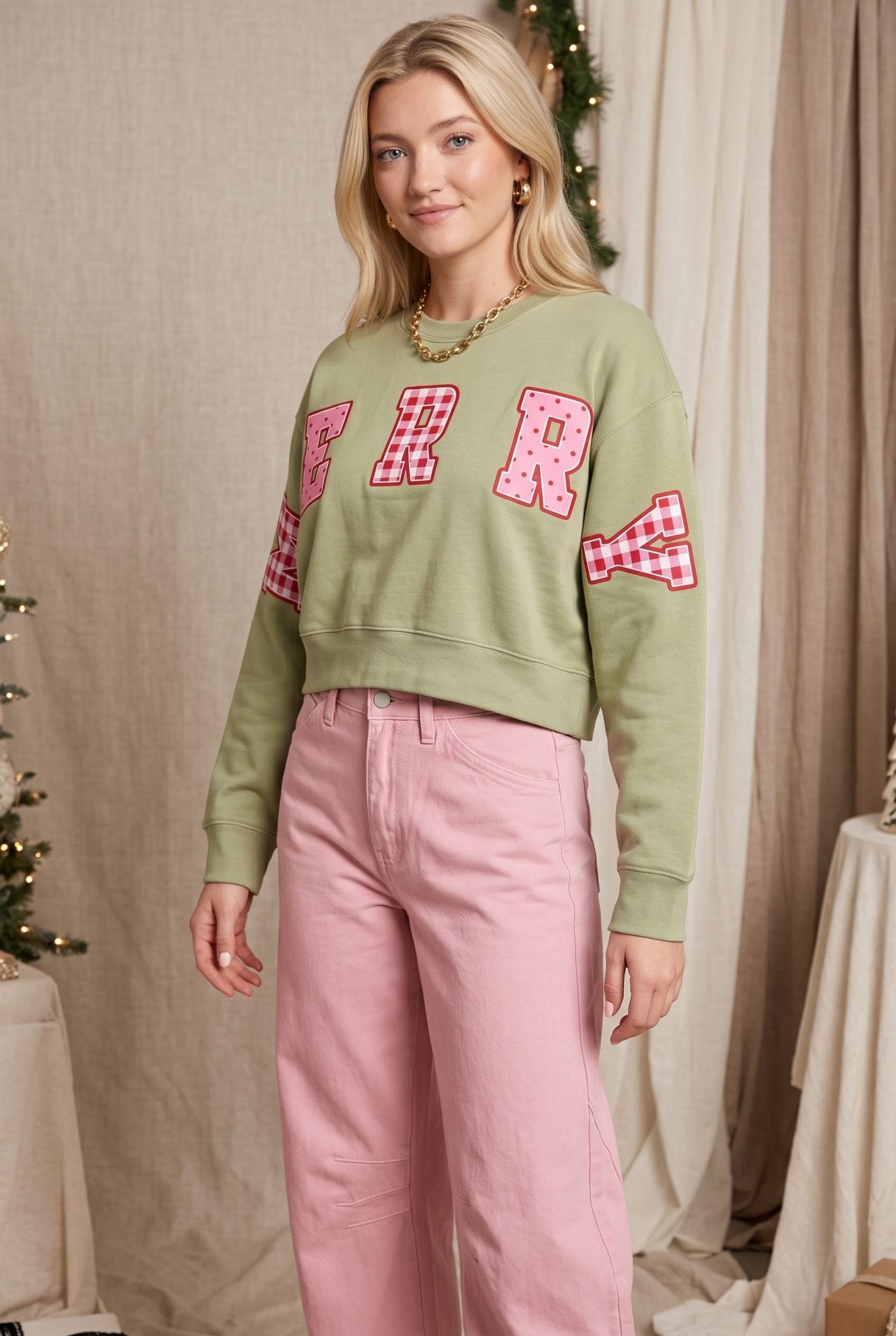 Merry Christmas Patch Pistachio Crop Sweatshirt - Jessi Jayne Boutique