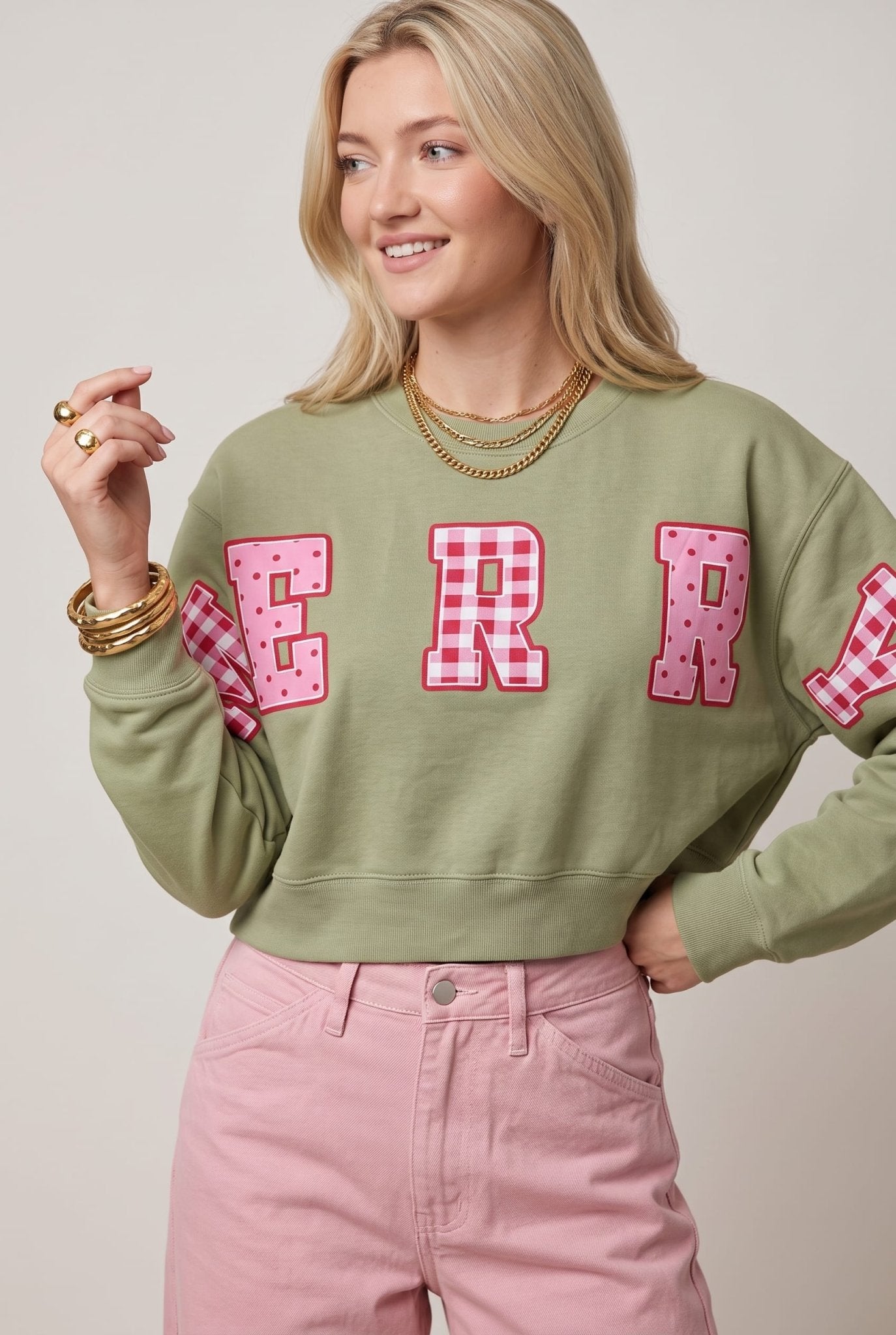 Merry Christmas Patch Pistachio Crop Sweatshirt - Jessi Jayne Boutique