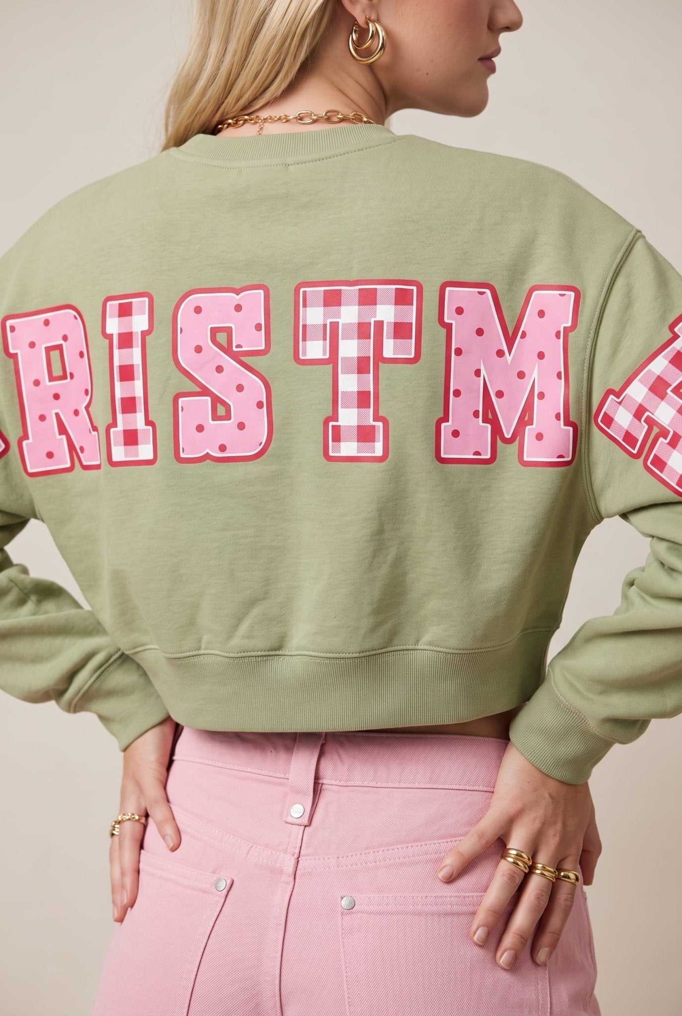 Merry Christmas Patch Pistachio Crop Sweatshirt - Jessi Jayne Boutique