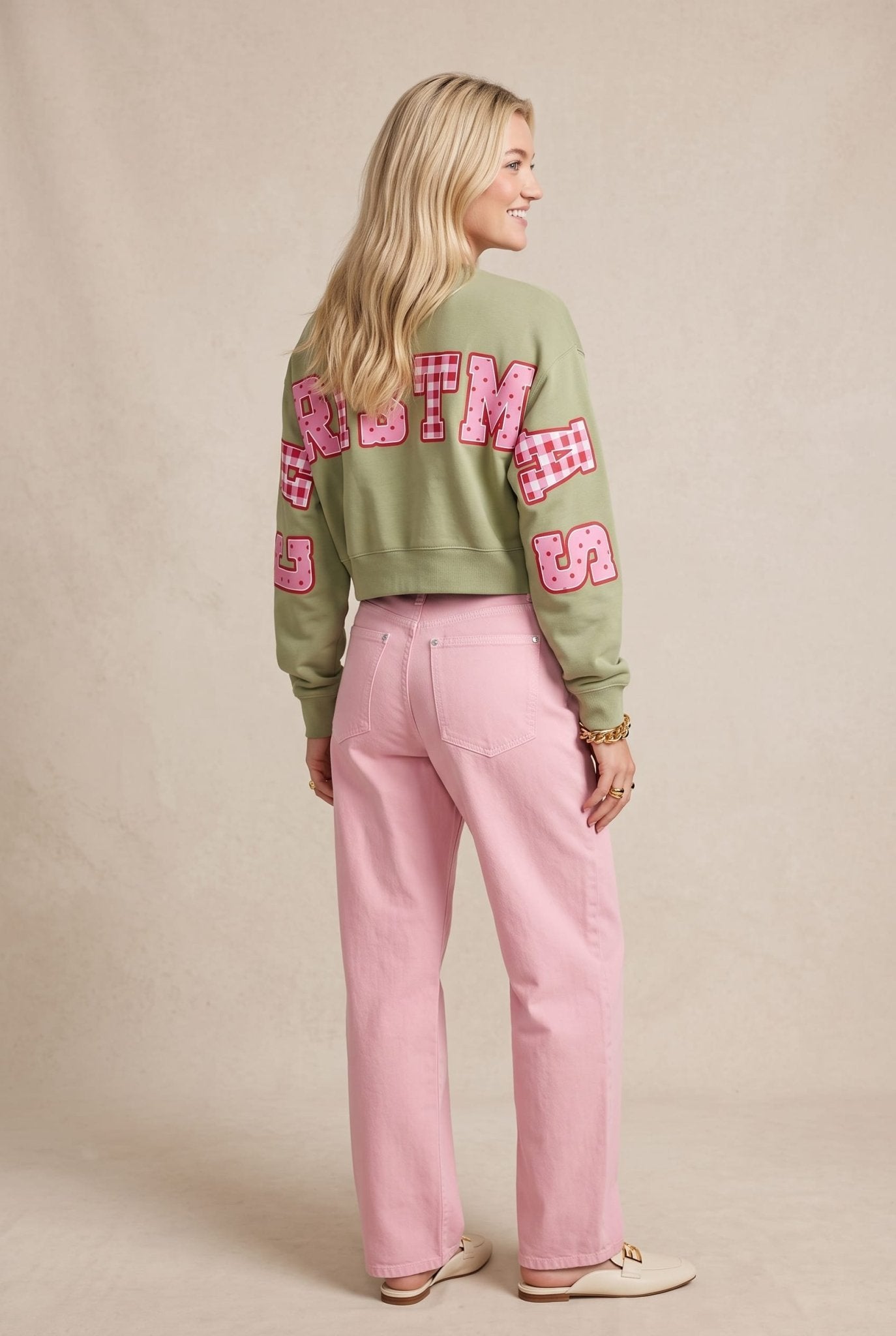 Merry Christmas Patch Pistachio Crop Sweatshirt - Jessi Jayne Boutique