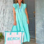 BEACH Pink Striped Pattern Summer Tote Bag - Jessi Jayne Boutique