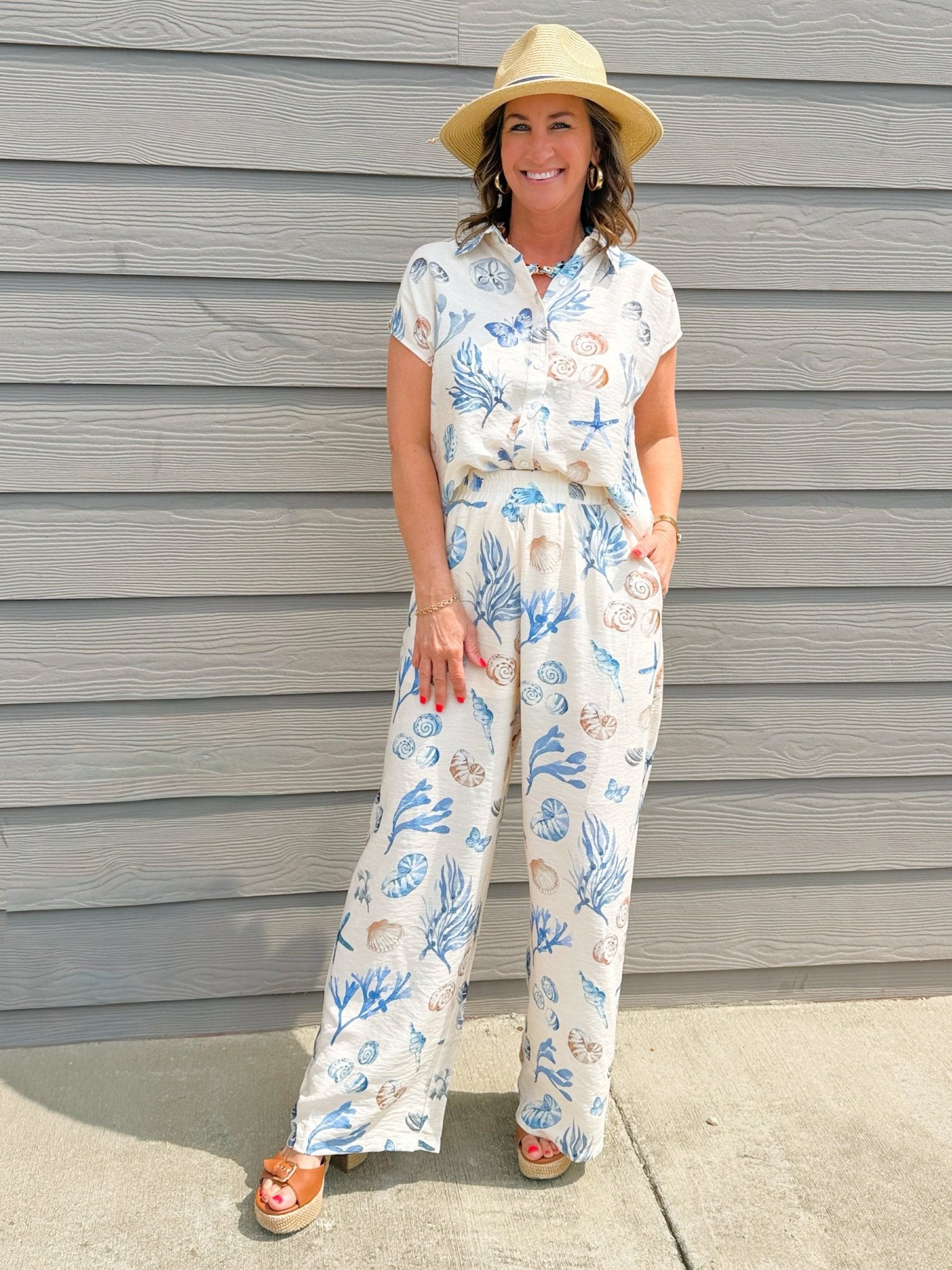 Seaside Sketch Button Down Top and Pant Set - Jessi Jayne Boutique