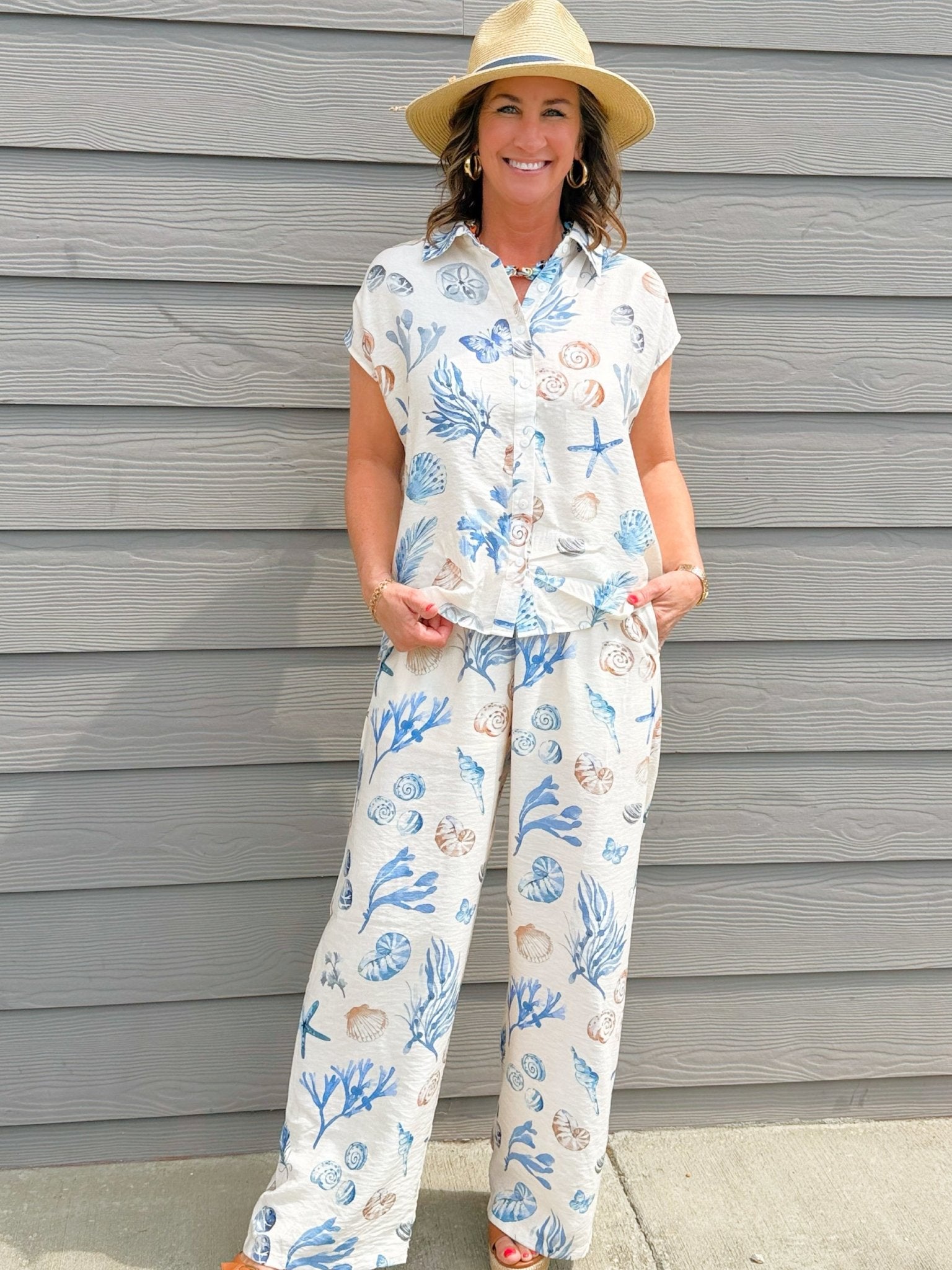 Seaside Sketch Button Down Top and Pant Set - Jessi Jayne Boutique