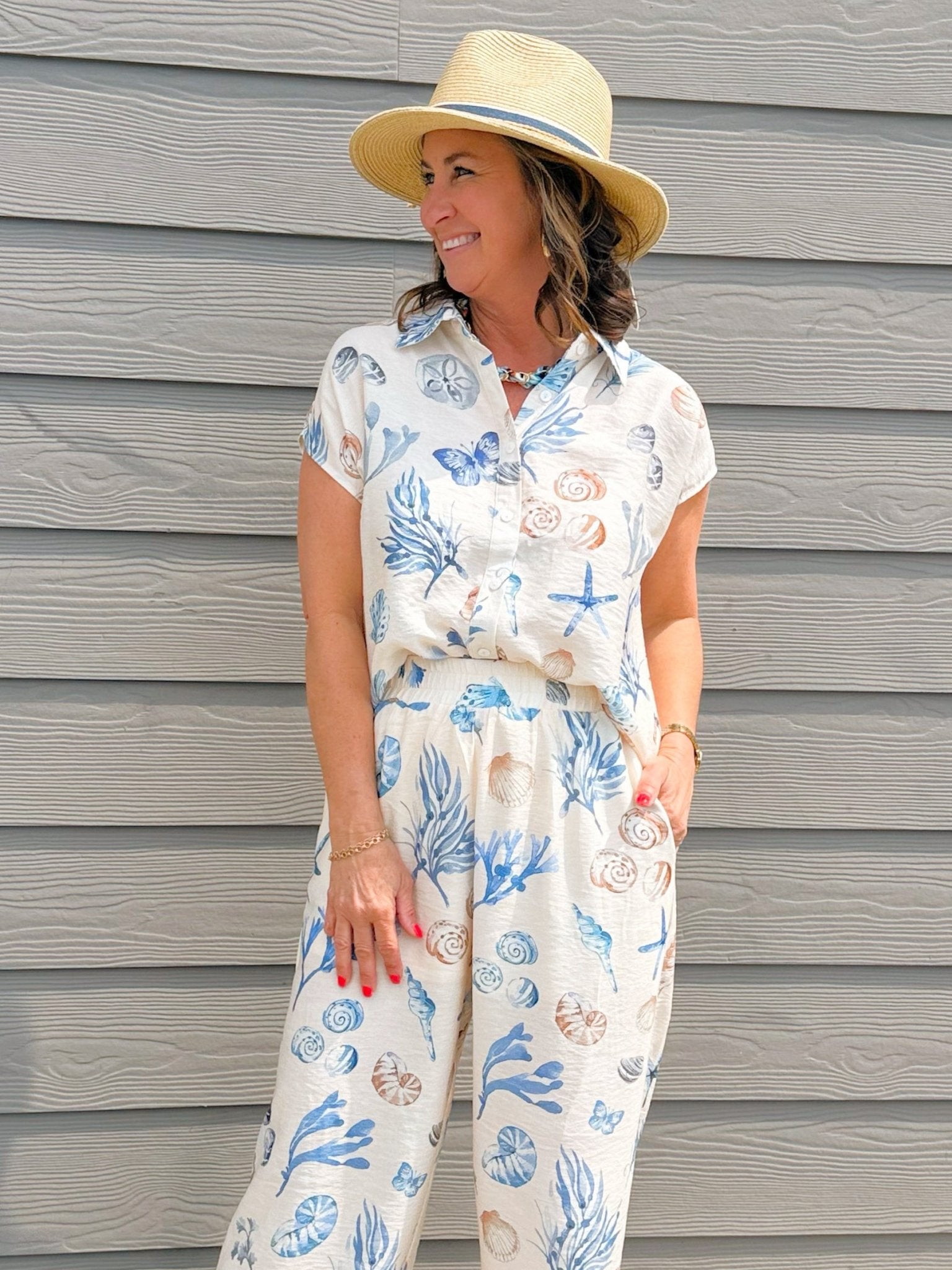 Seaside Sketch Button Down Top and Pant Set - Jessi Jayne Boutique