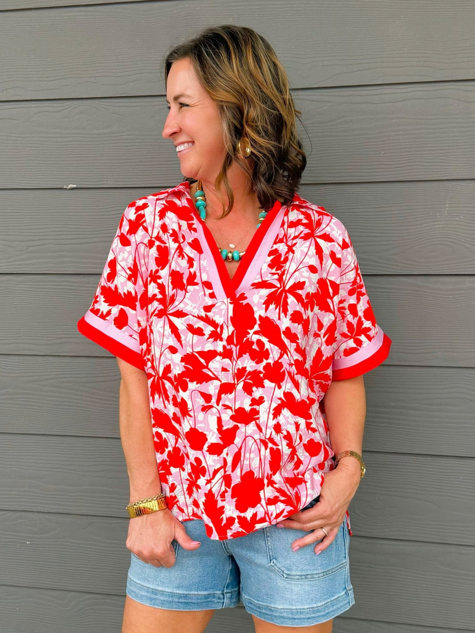 Scarlet Bloom Notched Top - Jessi Jayne Boutique