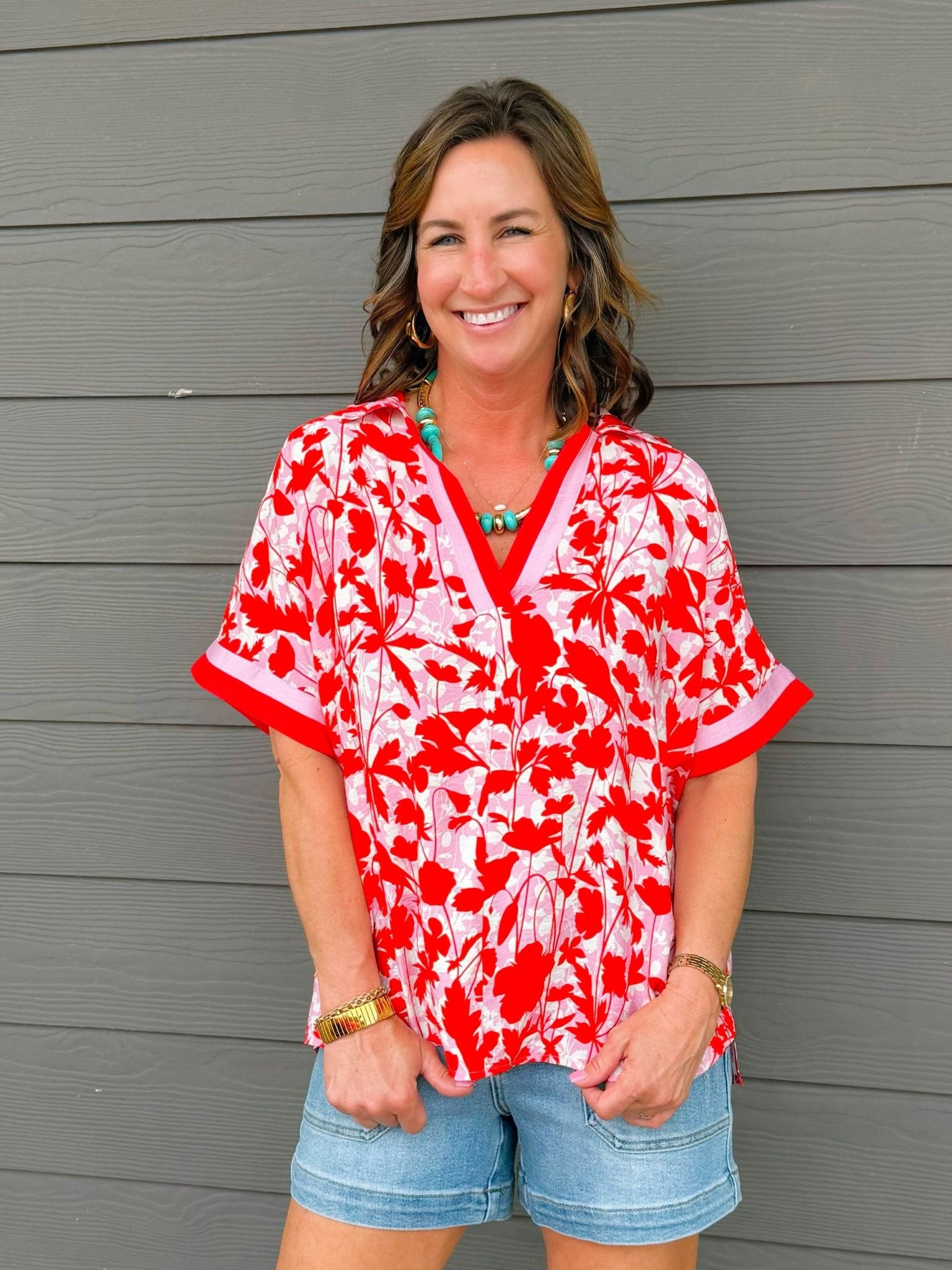 Scarlet Bloom Notched Top - Jessi Jayne Boutique