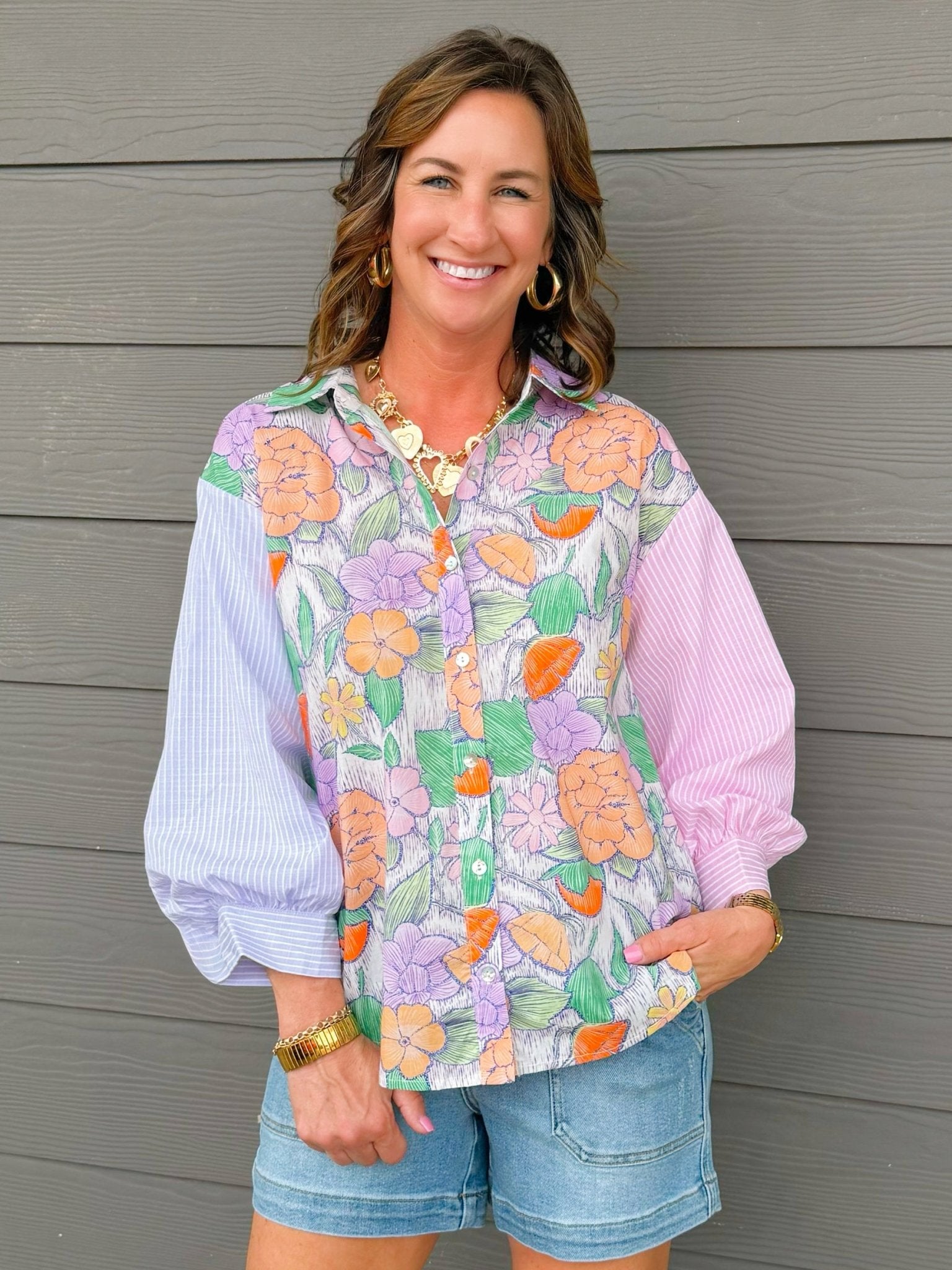 Petal Patchwork Button Down Top - Jessi Jayne Boutique