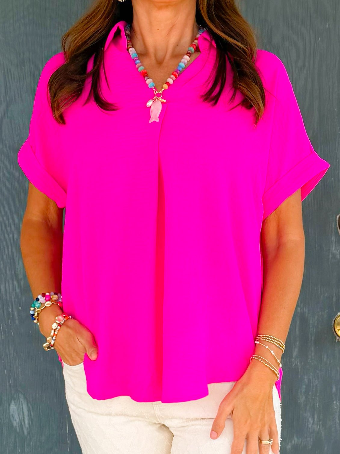 Hot Pink Breeze V - Neck Top - Jessi Jayne Boutique