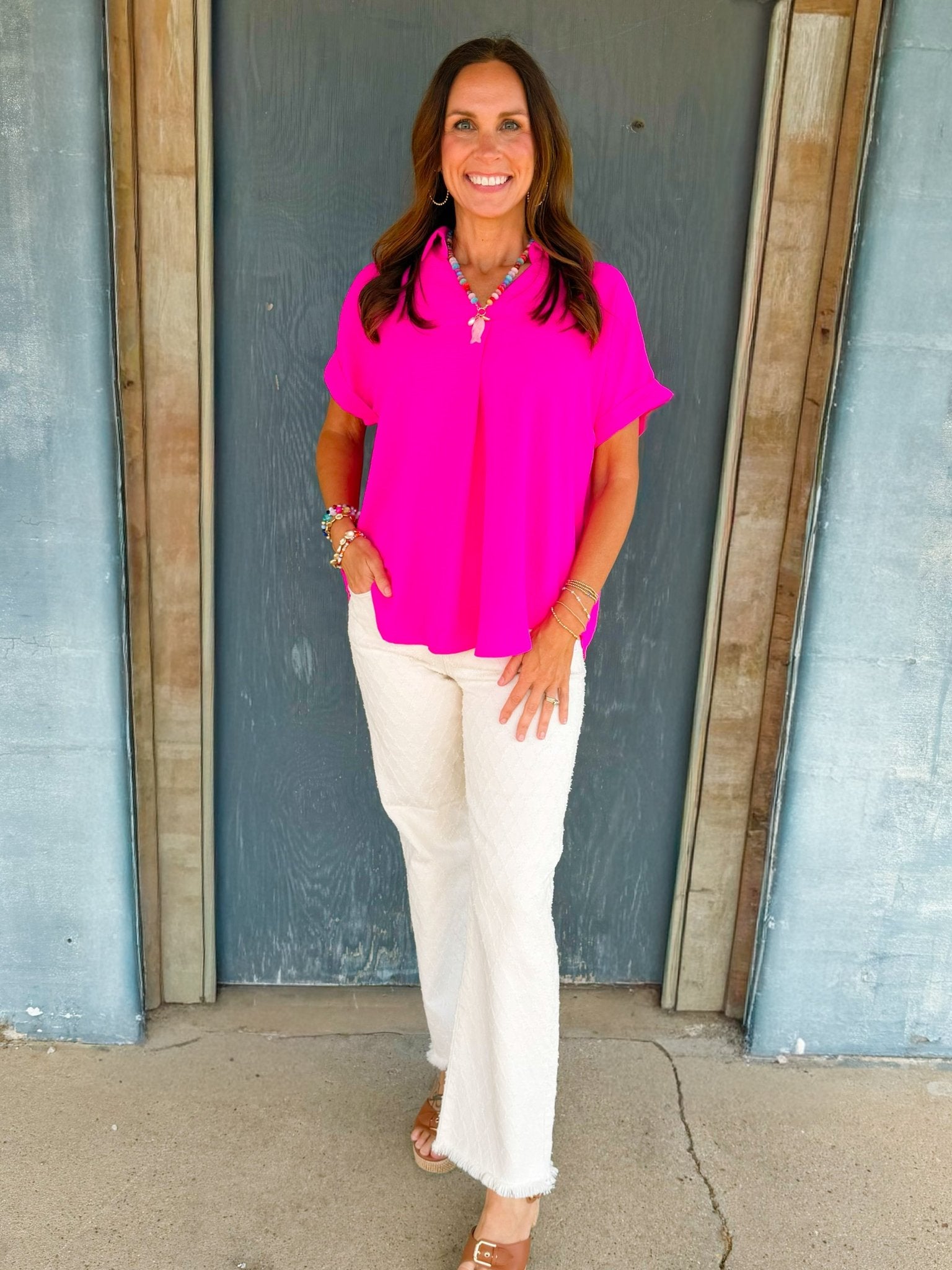 Hot Pink Breeze V - Neck Top - Jessi Jayne Boutique