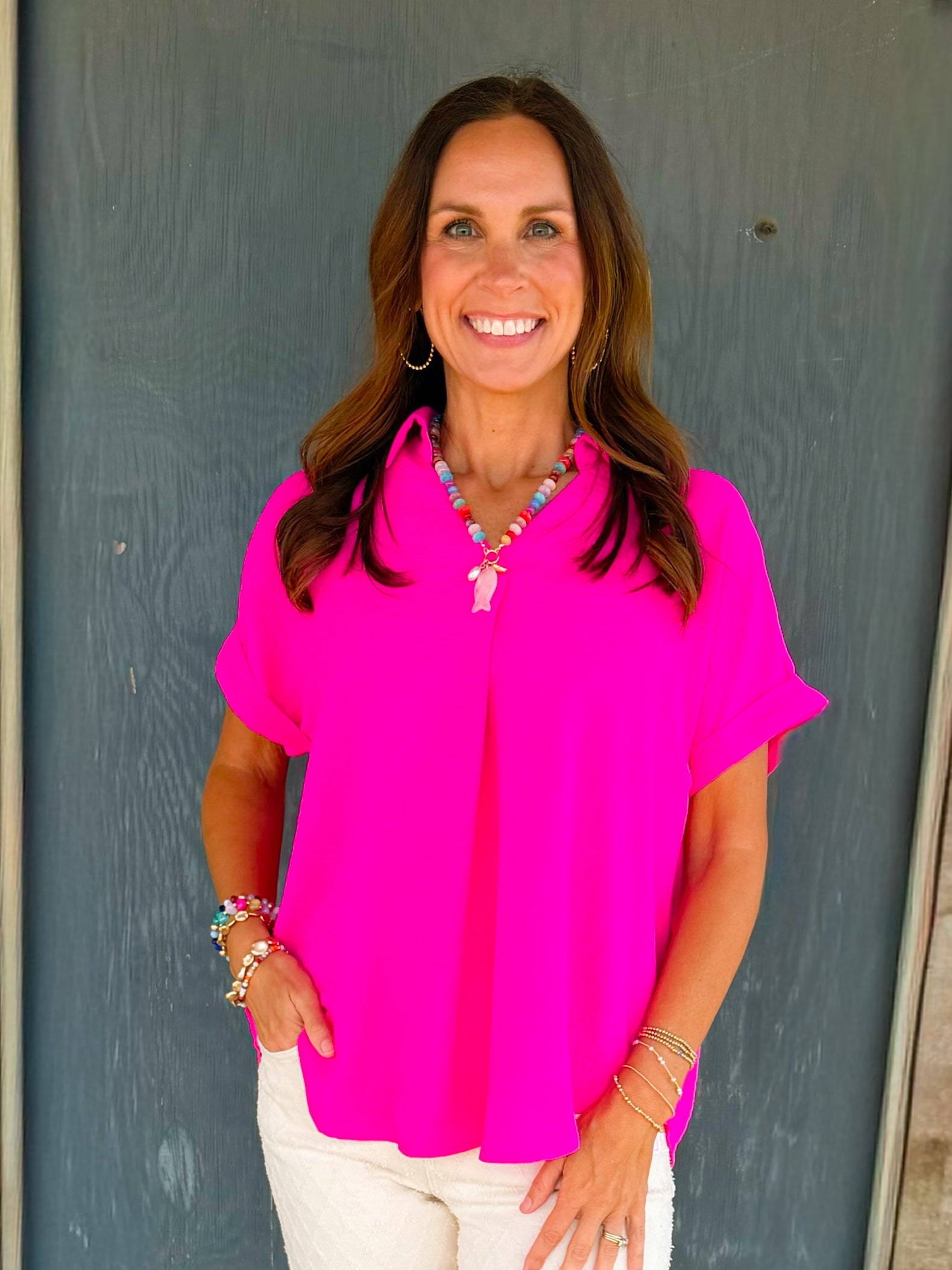 Hot Pink Breeze V - Neck Top - Jessi Jayne Boutique