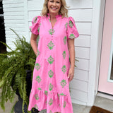 Pink Garden Embroidery Puff Sleeve Dress