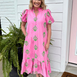 Pink Garden Embroidery Puff Sleeve Dress