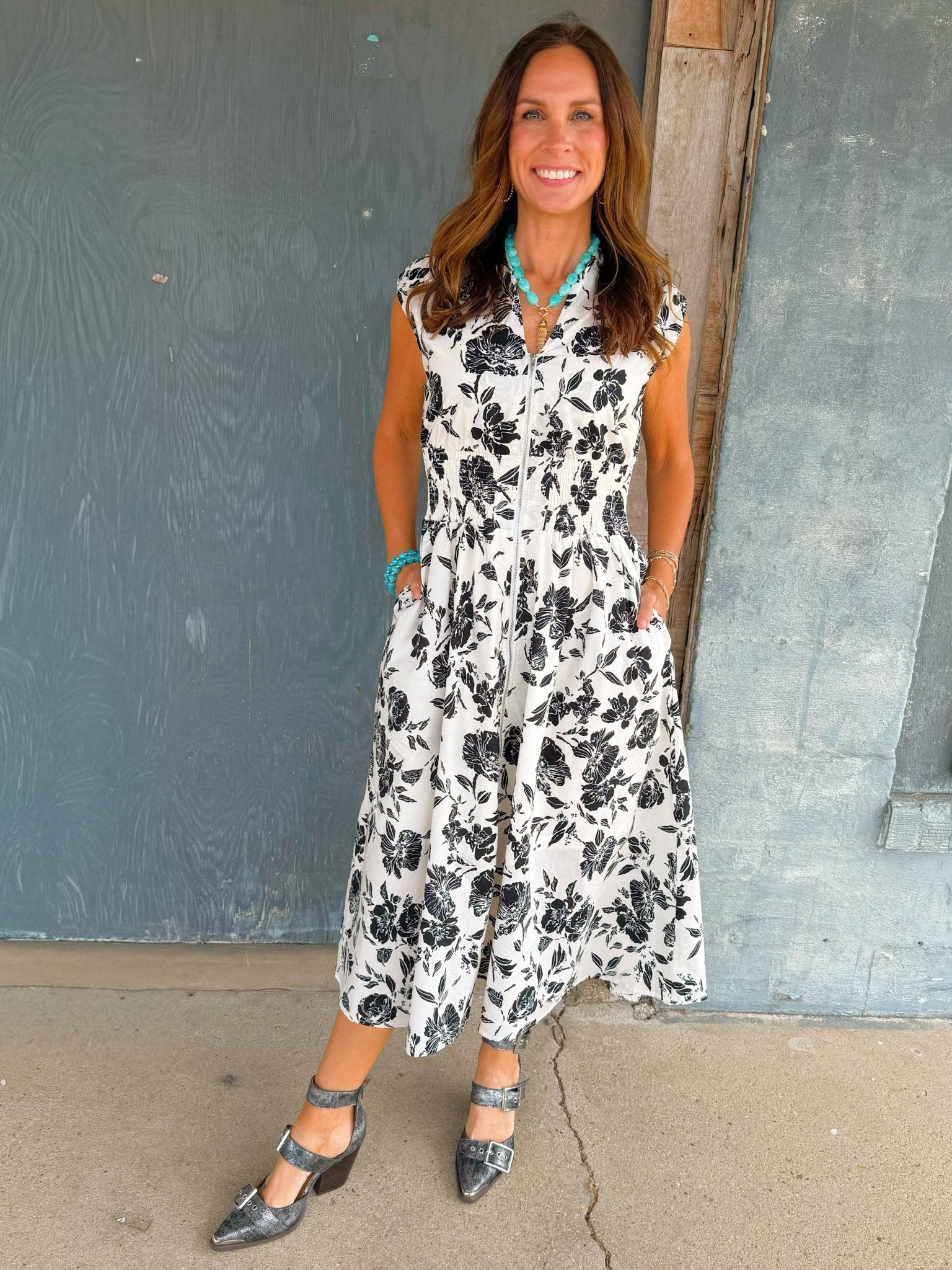 Midnight Garden Zip Front Midi Dress - Jessi Jayne Boutique