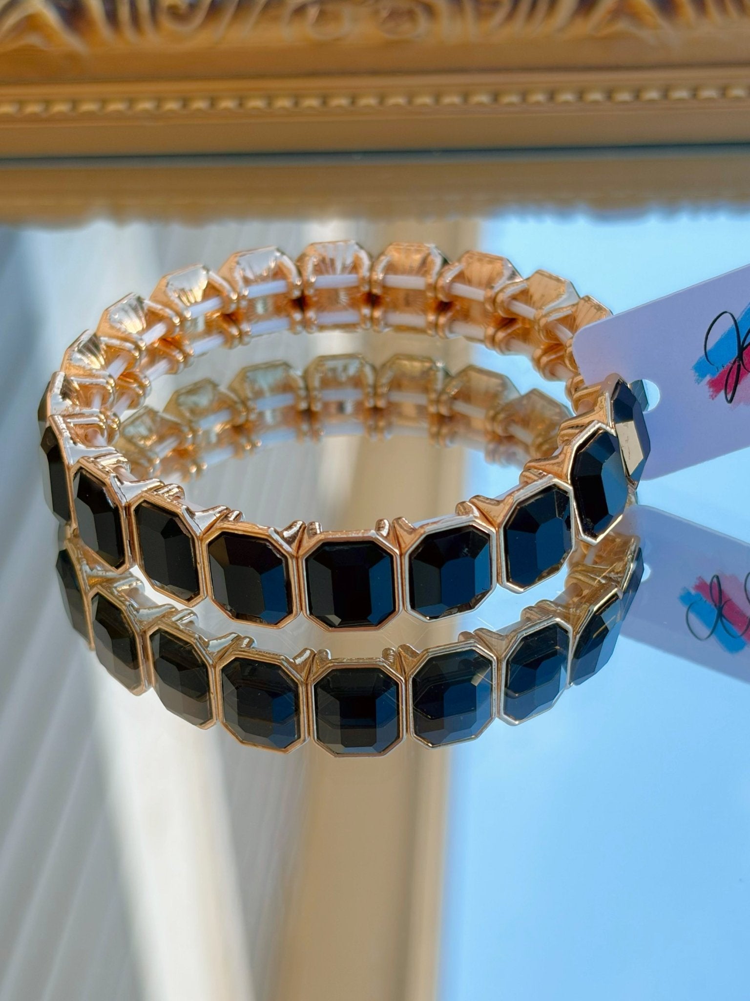 Black Emerald Cut Stone Stretch Bracelet - Jessi Jayne Boutique