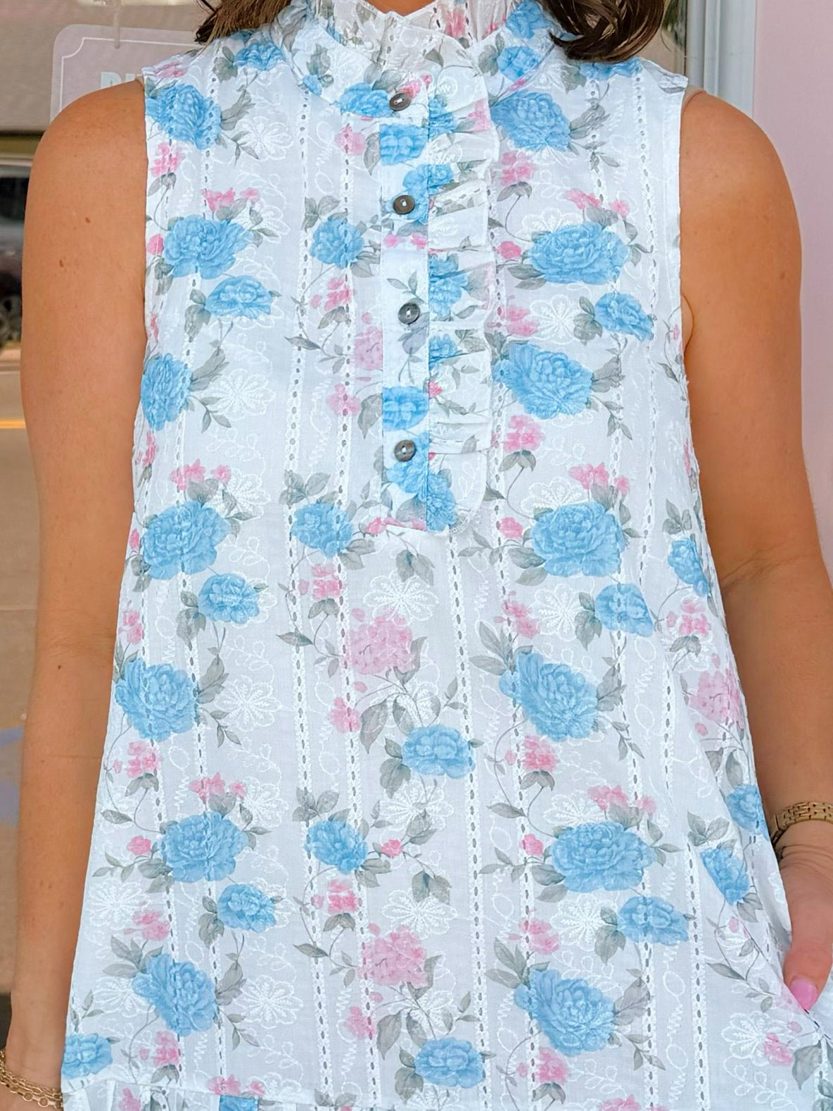 Blue & Pink Floral Ruffle Neck Mini Dress with Pockets - Jessi Jayne Boutique