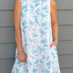 Blue & Pink Floral Ruffle Neck Mini Dress with Pockets - Jessi Jayne Boutique