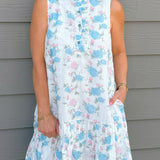 Blue & Pink Floral Ruffle Neck Mini Dress with Pockets - Jessi Jayne Boutique