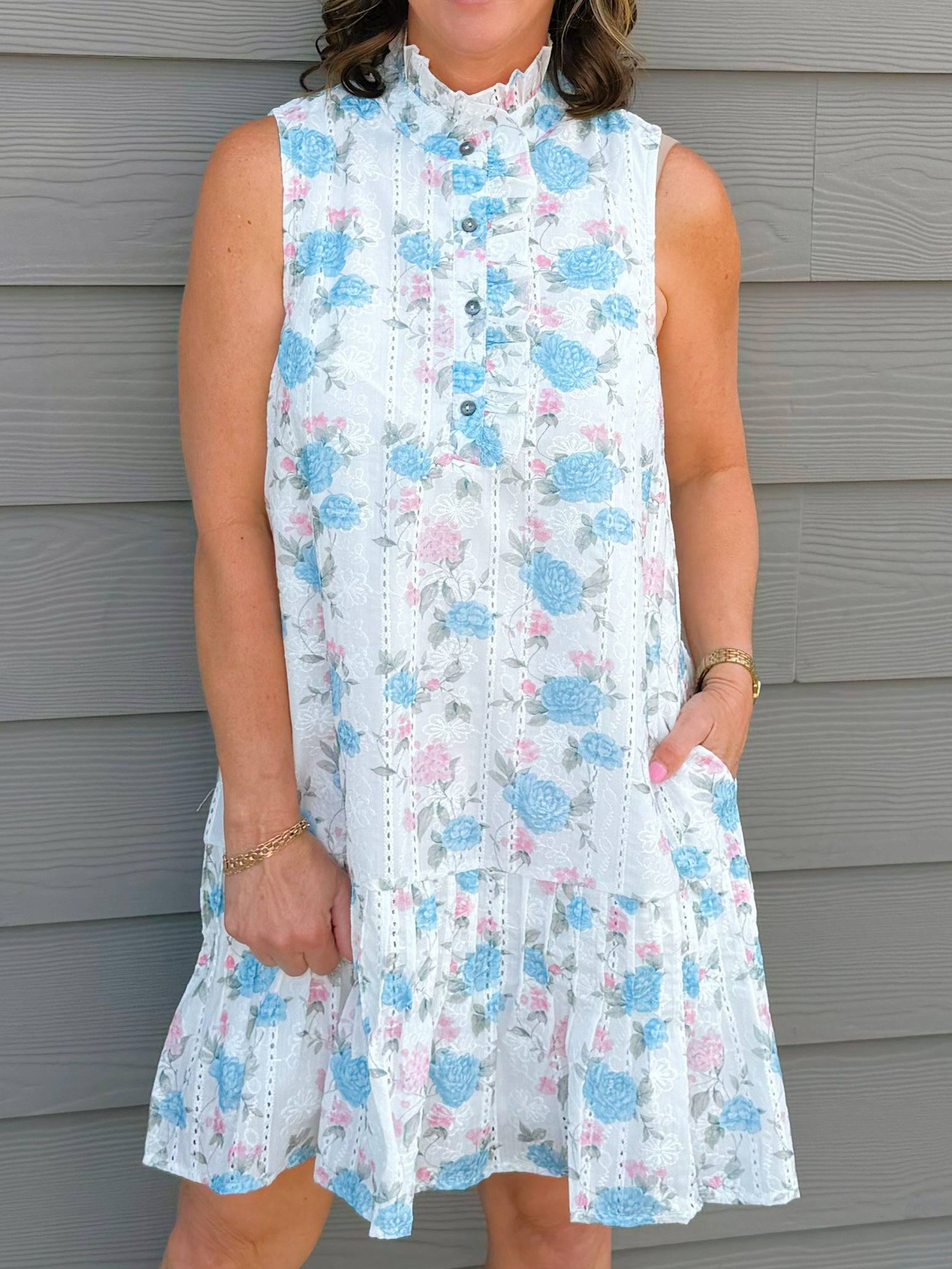 Blue & Pink Floral Ruffle Neck Mini Dress with Pockets - Jessi Jayne Boutique