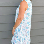 Blue & Pink Floral Ruffle Neck Mini Dress with Pockets - Jessi Jayne Boutique