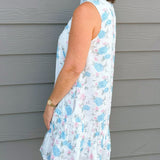 Blue & Pink Floral Ruffle Neck Mini Dress with Pockets - Jessi Jayne Boutique