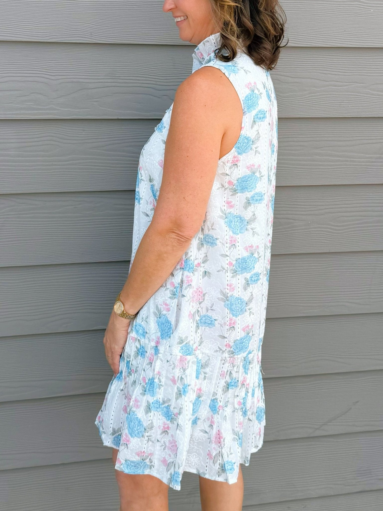 Blue & Pink Floral Ruffle Neck Mini Dress with Pockets - Jessi Jayne Boutique