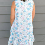 Blue & Pink Floral Ruffle Neck Mini Dress with Pockets - Jessi Jayne Boutique