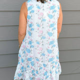 Blue & Pink Floral Ruffle Neck Mini Dress with Pockets - Jessi Jayne Boutique