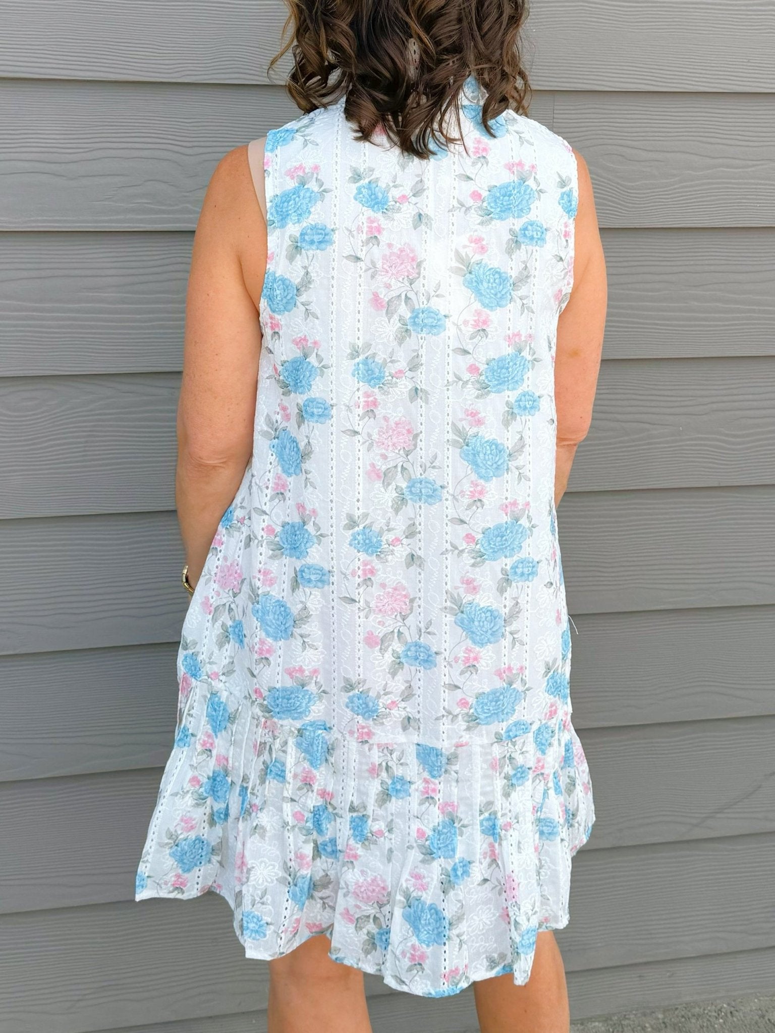 Blue & Pink Floral Ruffle Neck Mini Dress with Pockets - Jessi Jayne Boutique
