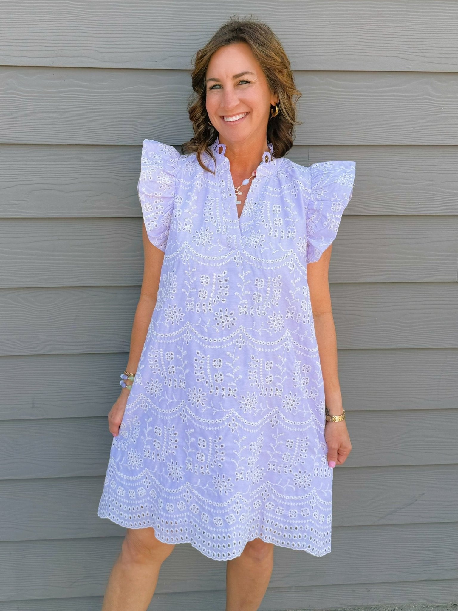 Lavender Eyelet Ruffle Sleeve Mini Dress - Jessi Jayne Boutique