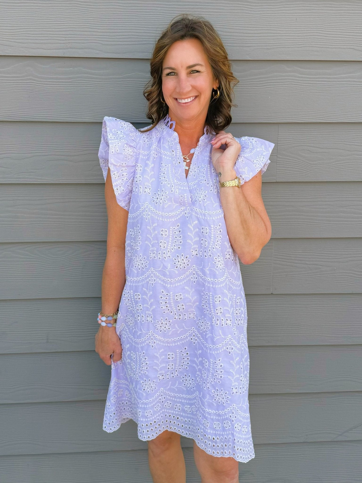 Lavender Eyelet Ruffle Sleeve Mini Dress - Jessi Jayne Boutique