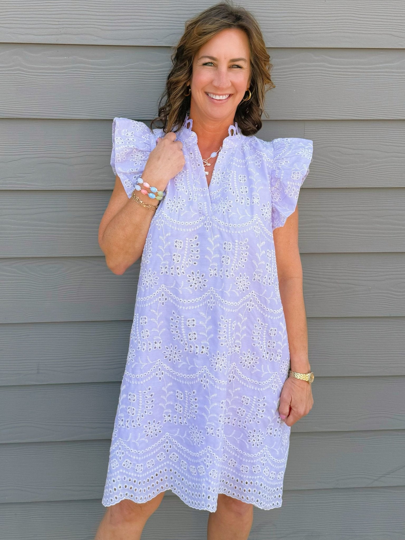 Lavender Eyelet Ruffle Sleeve Mini Dress - Jessi Jayne Boutique