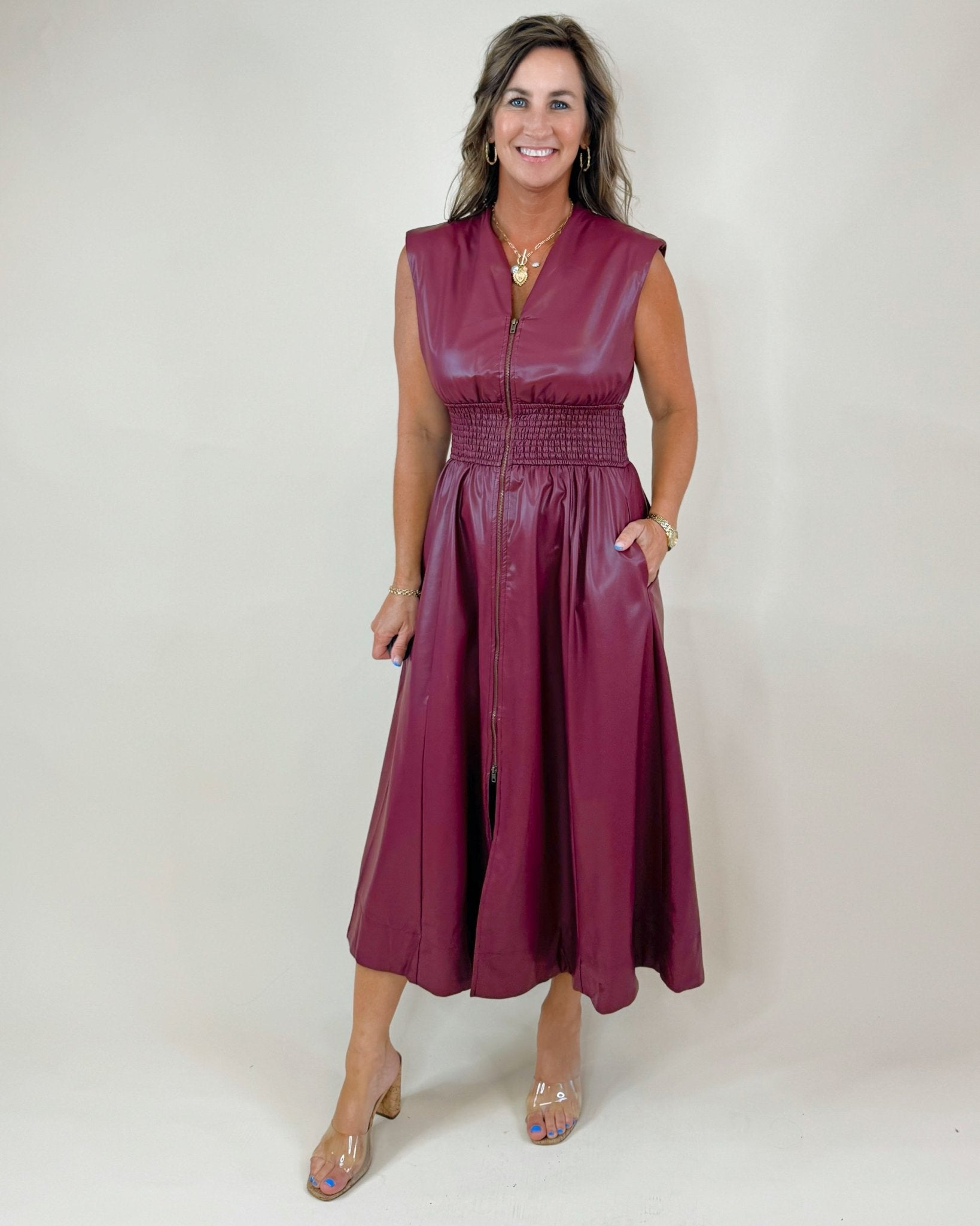 Power Play Pleather Midi Dress (Black and Maroon) - Jessi Jayne Boutique