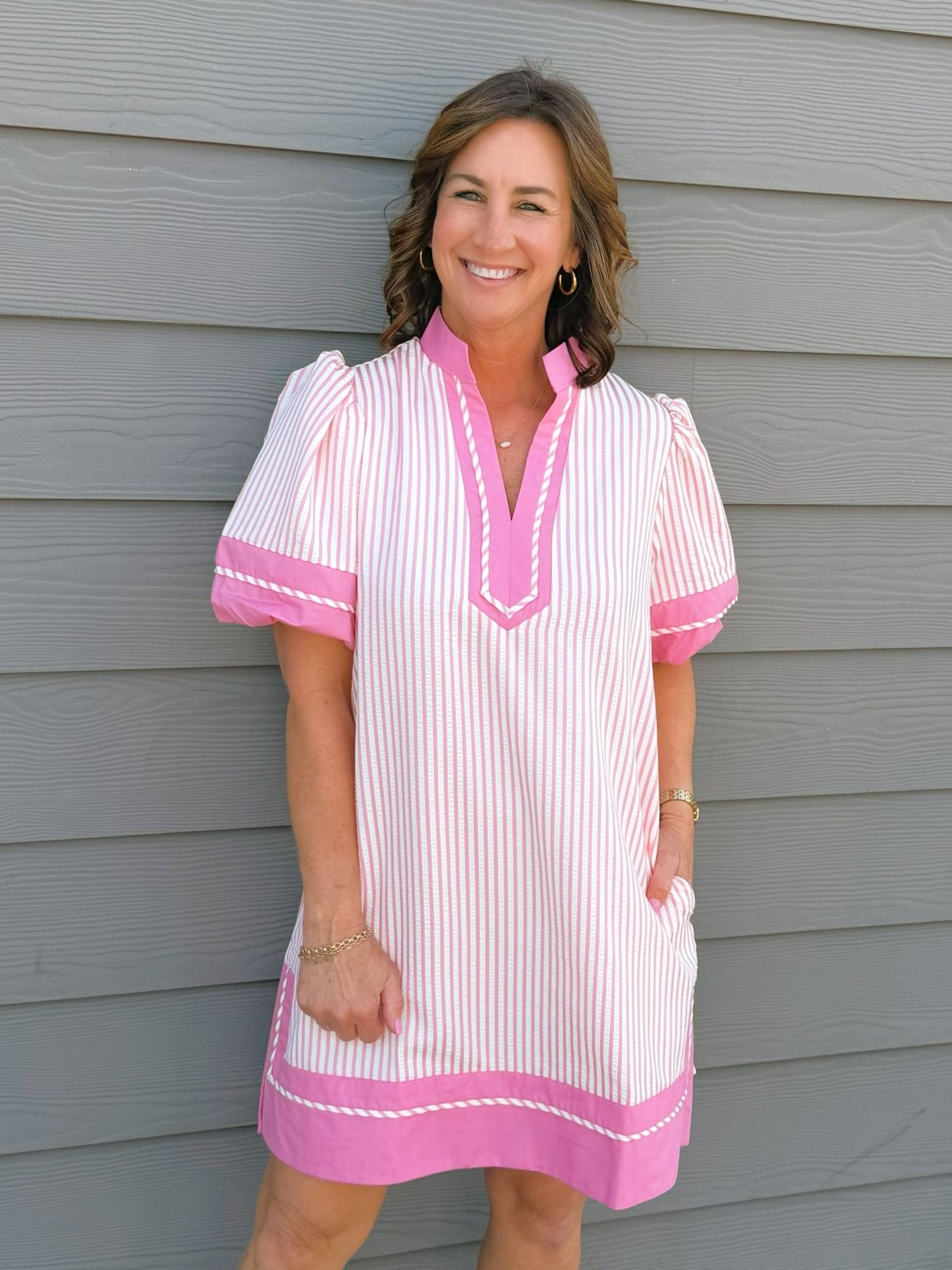 Pink Stripe Tunic Mini Dress with Pockets - Jessi Jayne Boutique