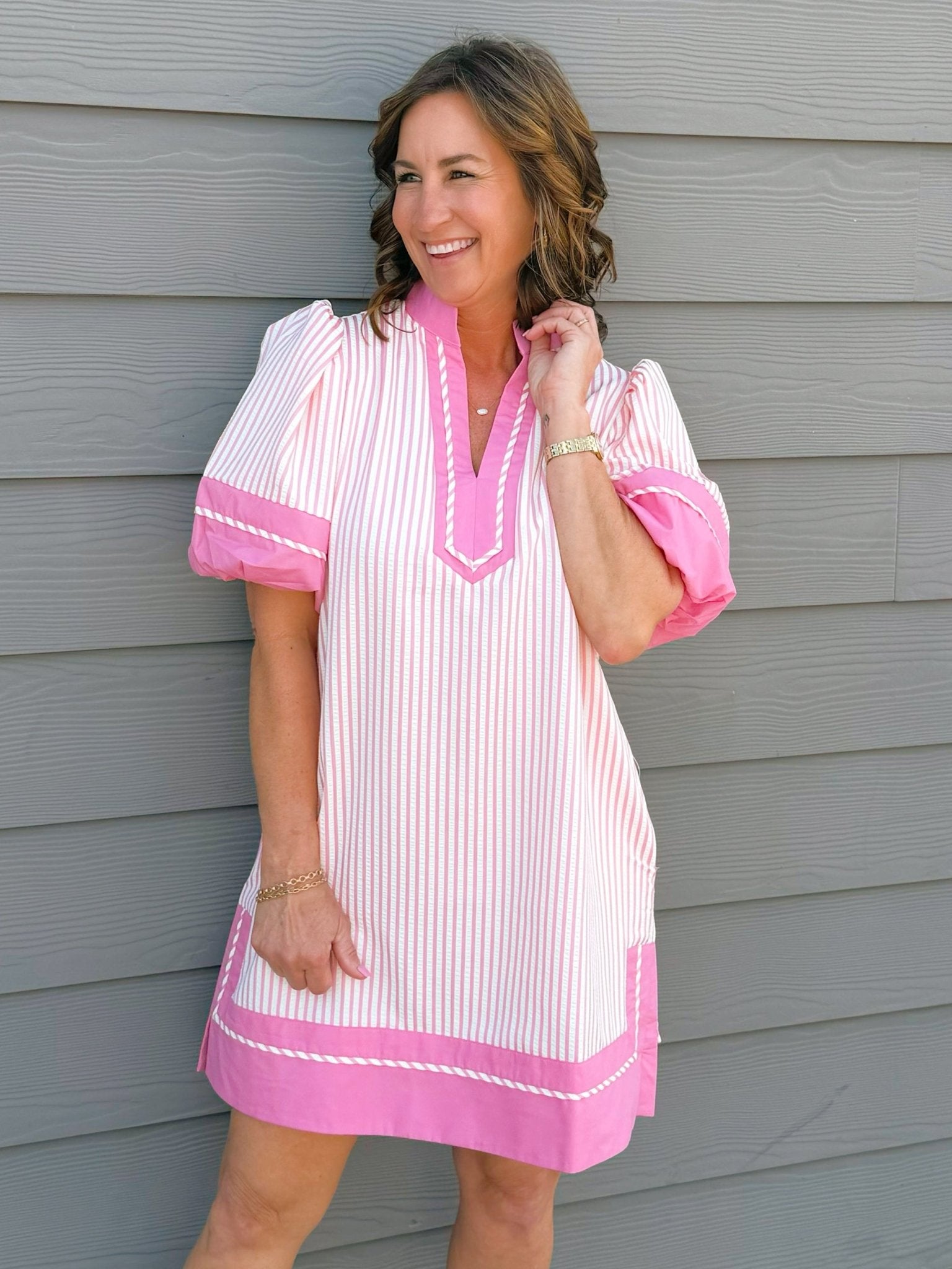 Pink Stripe Tunic Mini Dress with Pockets - Jessi Jayne Boutique